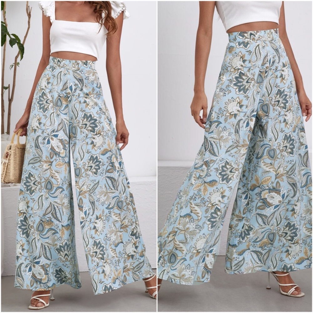 Boho Floral Blue Paisley Palazzo Wide Leg Pants - Picture 1 of 4